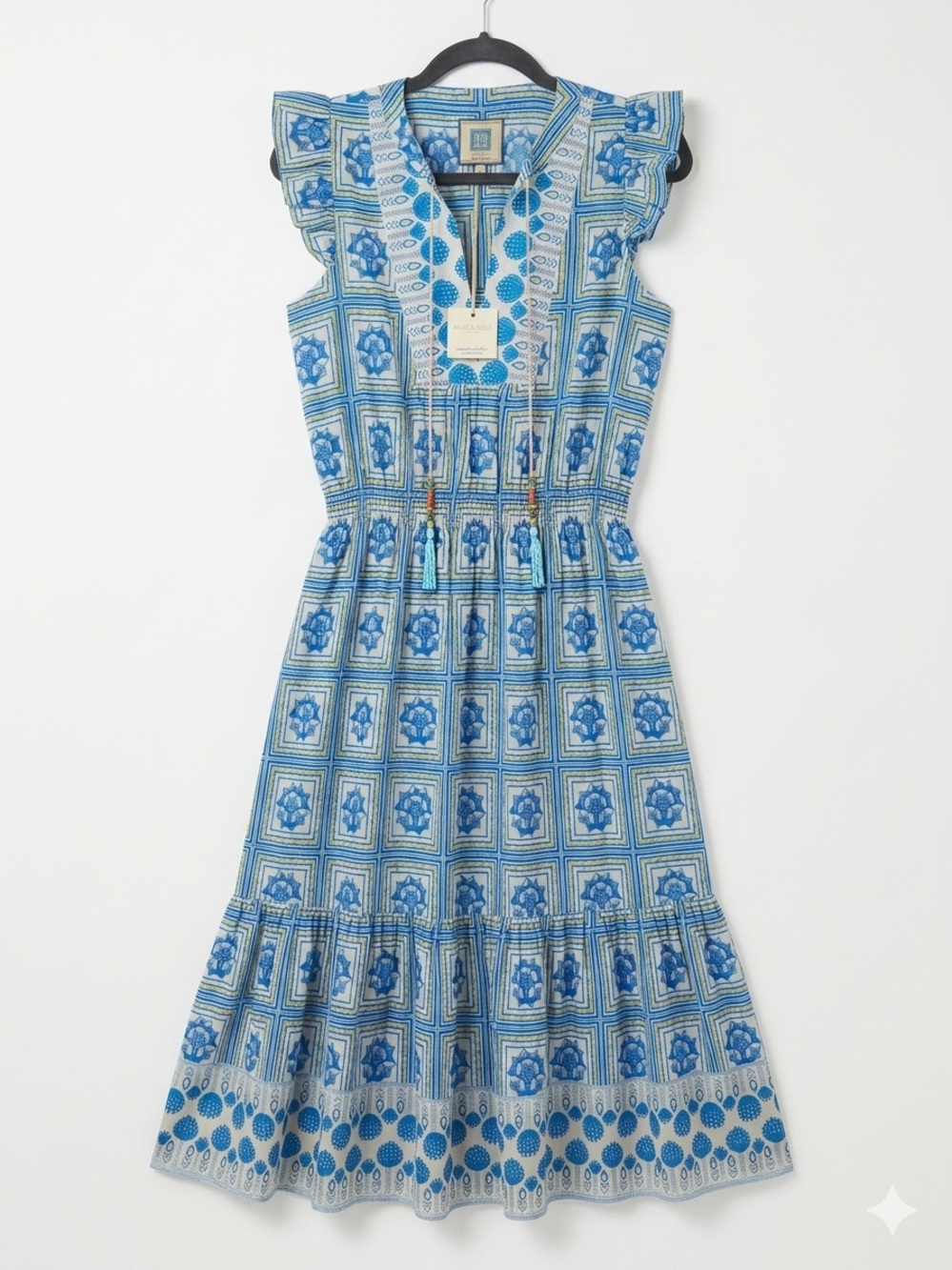 NWT Bell by Alicia Bell Lola Midi Dress Blue Tile Print Size Small